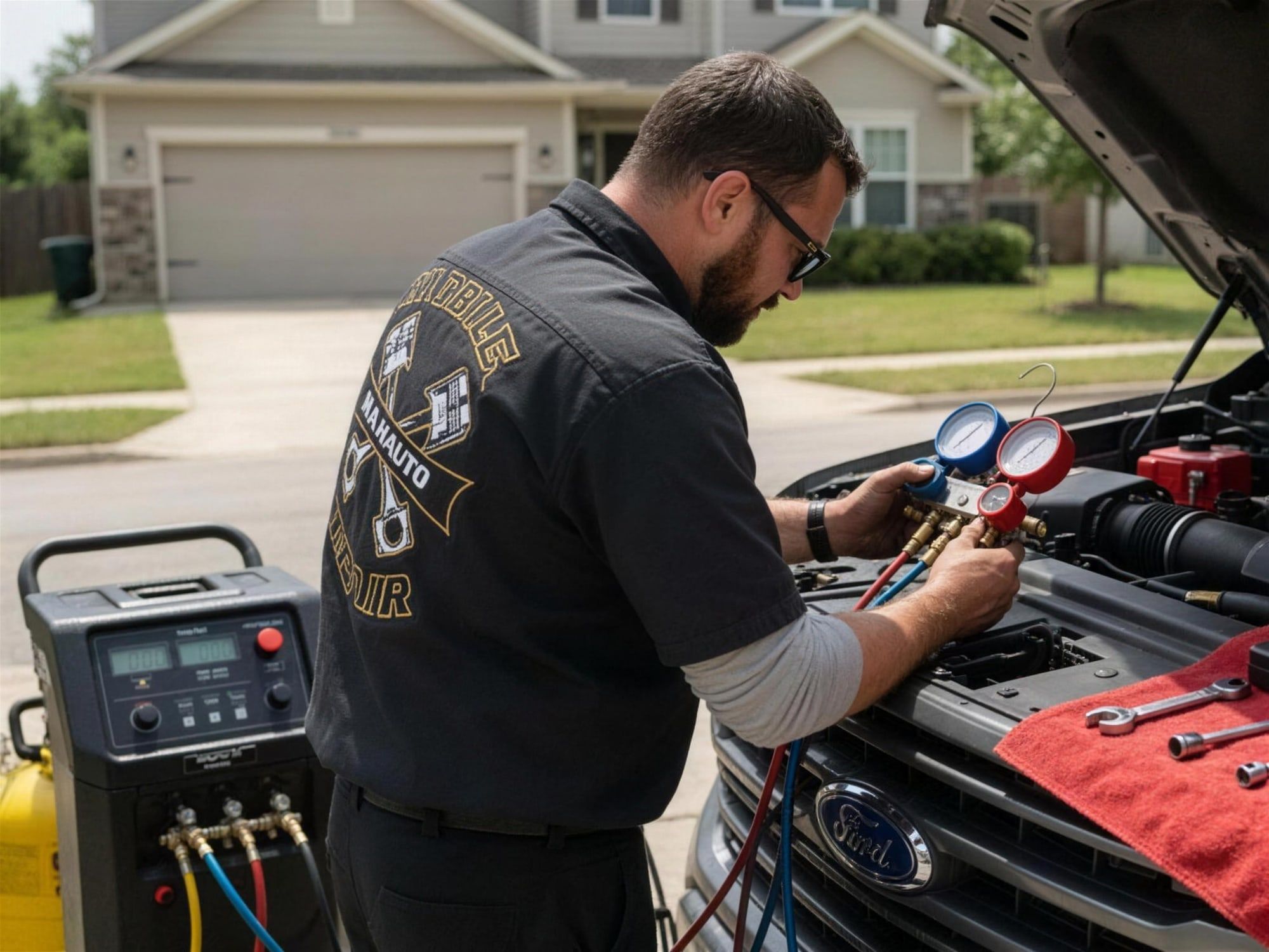 Mobile mechanic performing car A/C repair and recharge with manifold gauges and a recovery machine