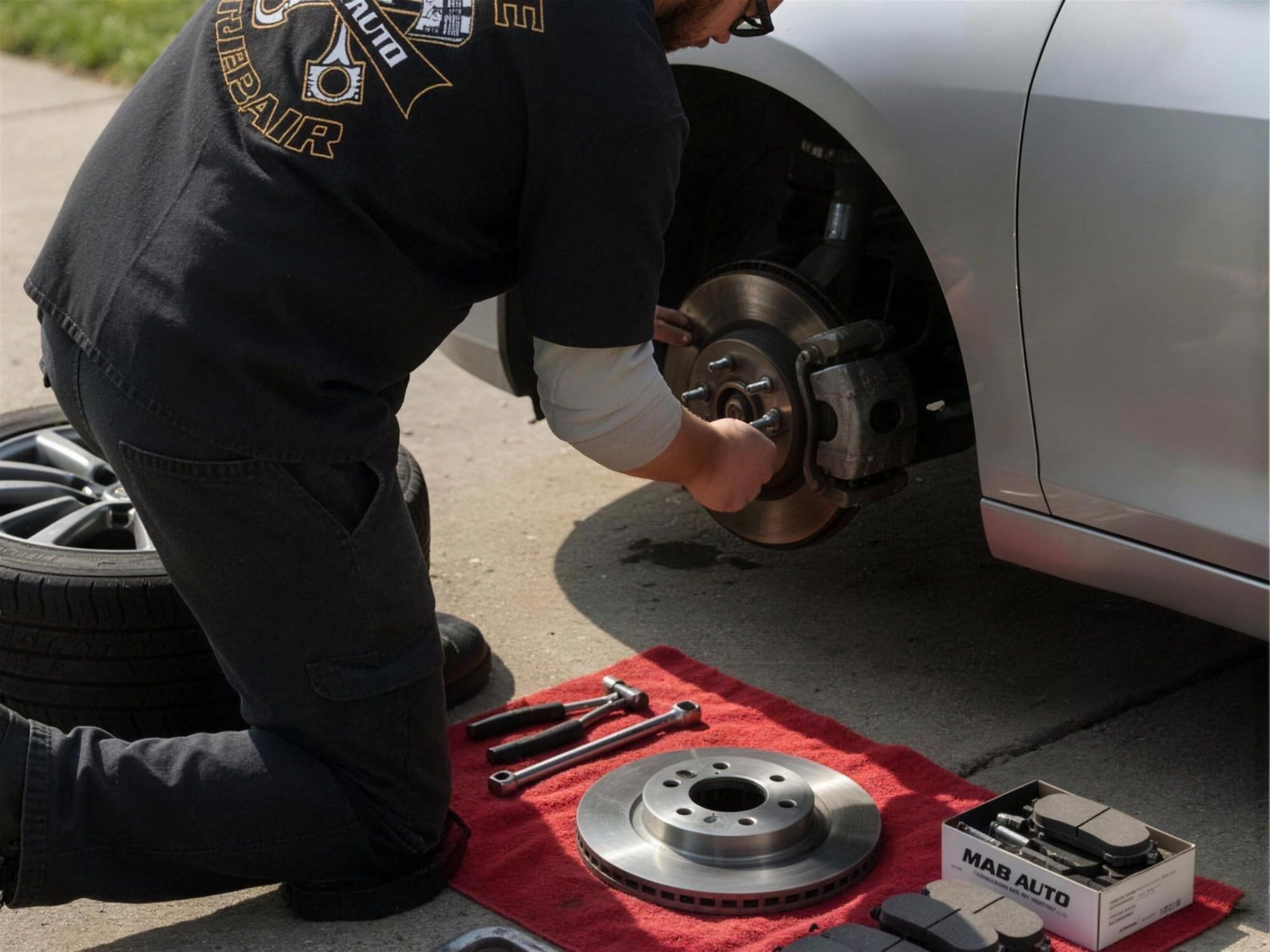 Mobile mechanic replacing brake pads and rotors, with the rotor and pads laid out beside the wheel