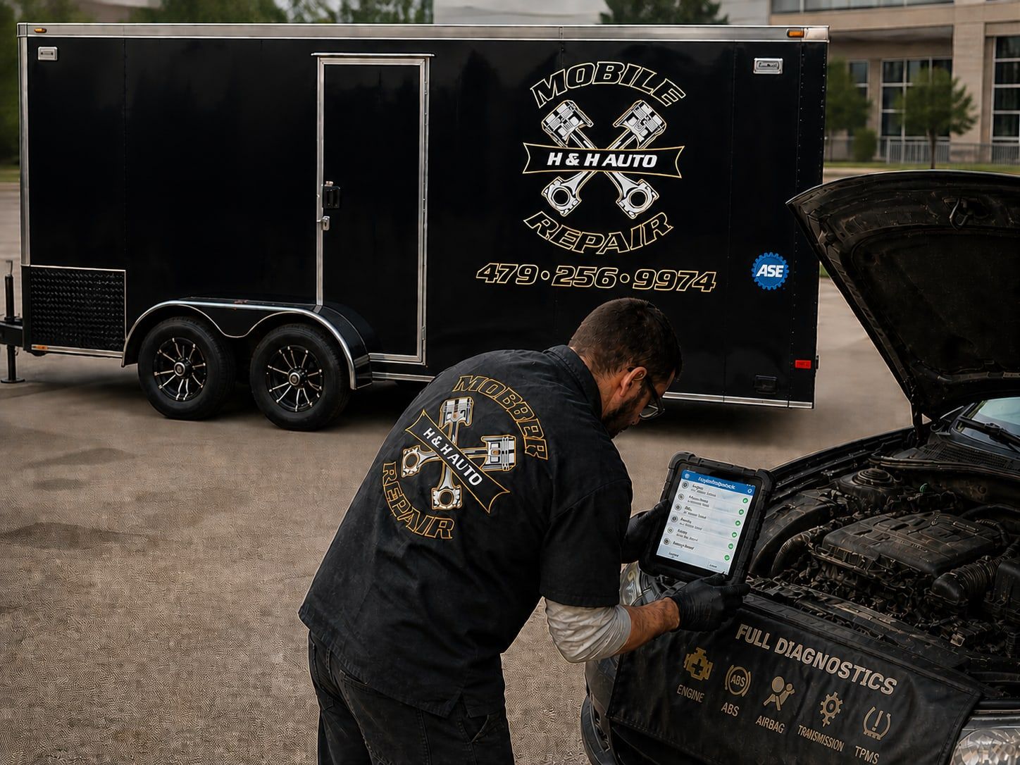 H&H Auto technician running diagnostics with a scan tool beside the service trailer