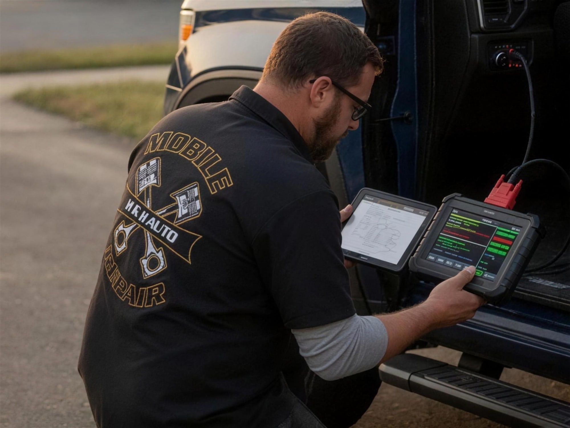 Mobile mechanic running vehicle diagnostics with a scan tool at an open truck door