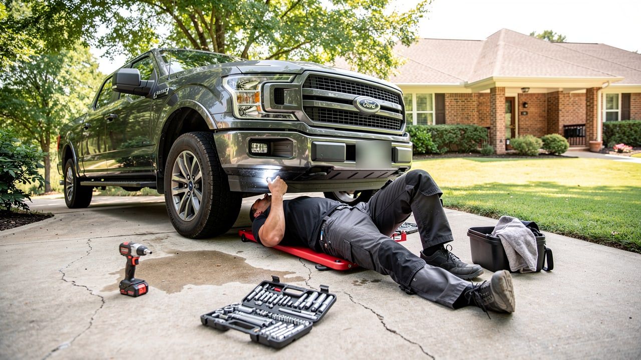 H&H Auto technician working underneath a pickup truck on a creeper in a residential driveway