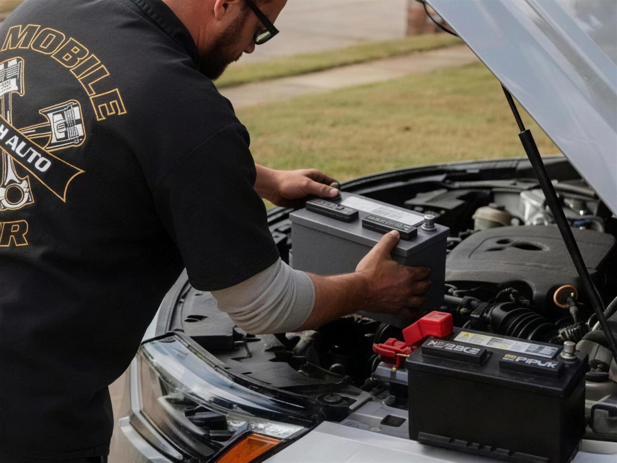 Mobile mechanic lifting a battery out of an open engine bay