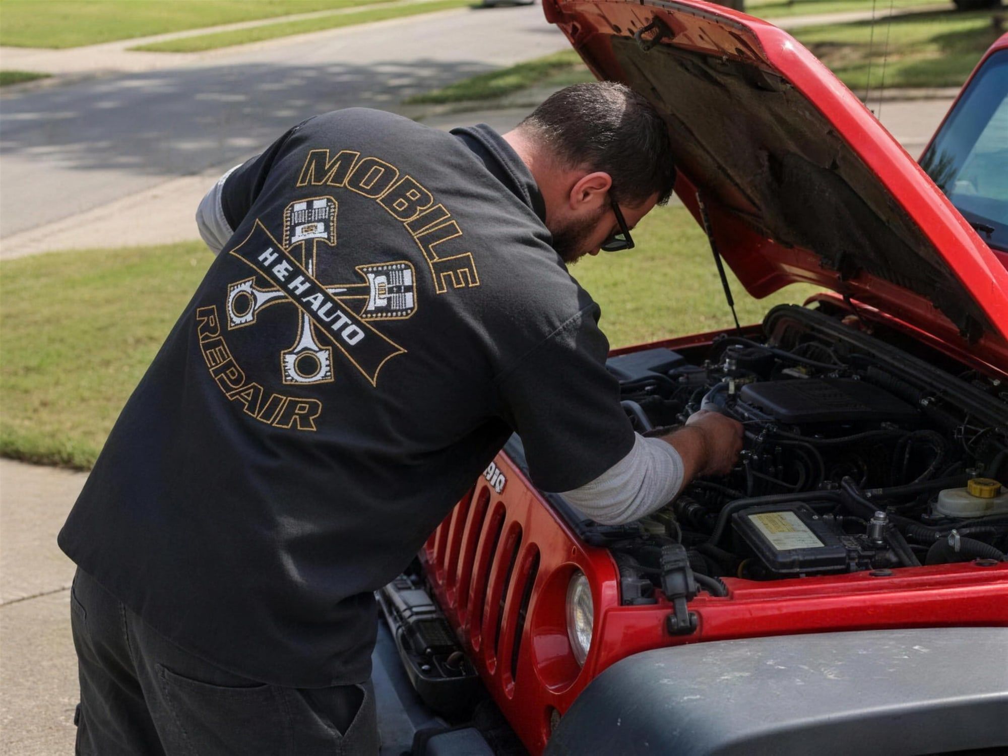 Mobile mechanic working on engine performance under the open hood of a Jeep