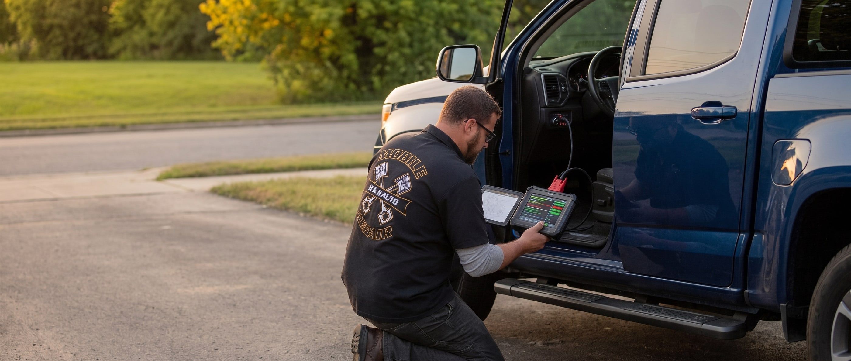 H&H Auto mobile mechanic kneeling at the open door of a truck in a Northwest Arkansas driveway, reading a diagnostic scan tool at sunset