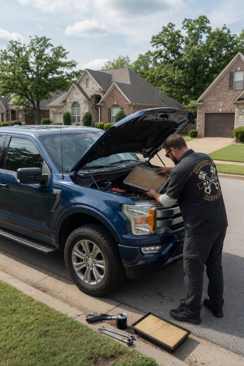 H&H Auto technician replacing an engine air filter at the kerbside with the hood raised