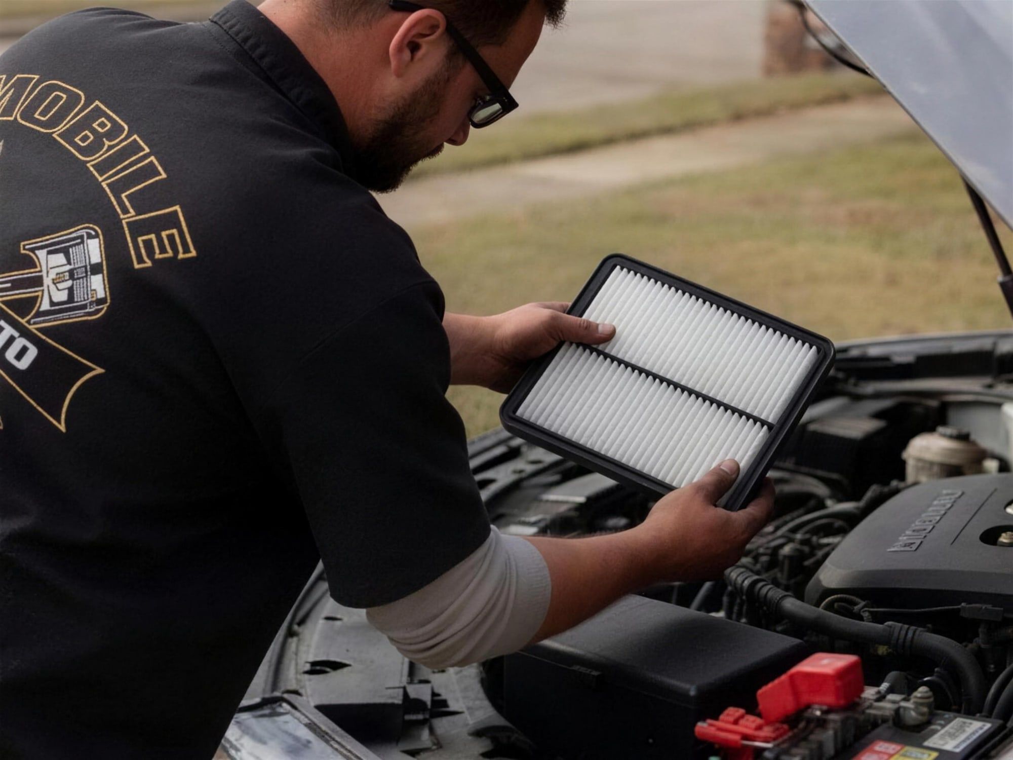 Mobile mechanic checking an engine air filter over an open hood